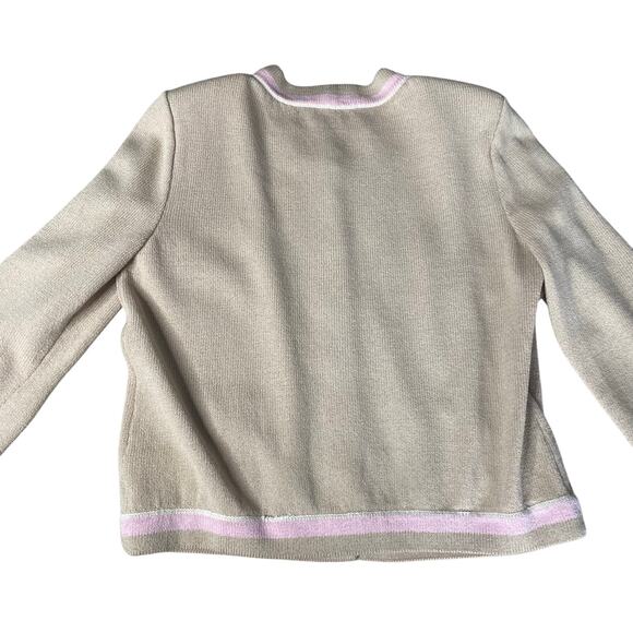 ST JOHN Santana Preppy Classic Knit Sweater Tan Pink Button Up 8 Medium - Picture 2 of 7